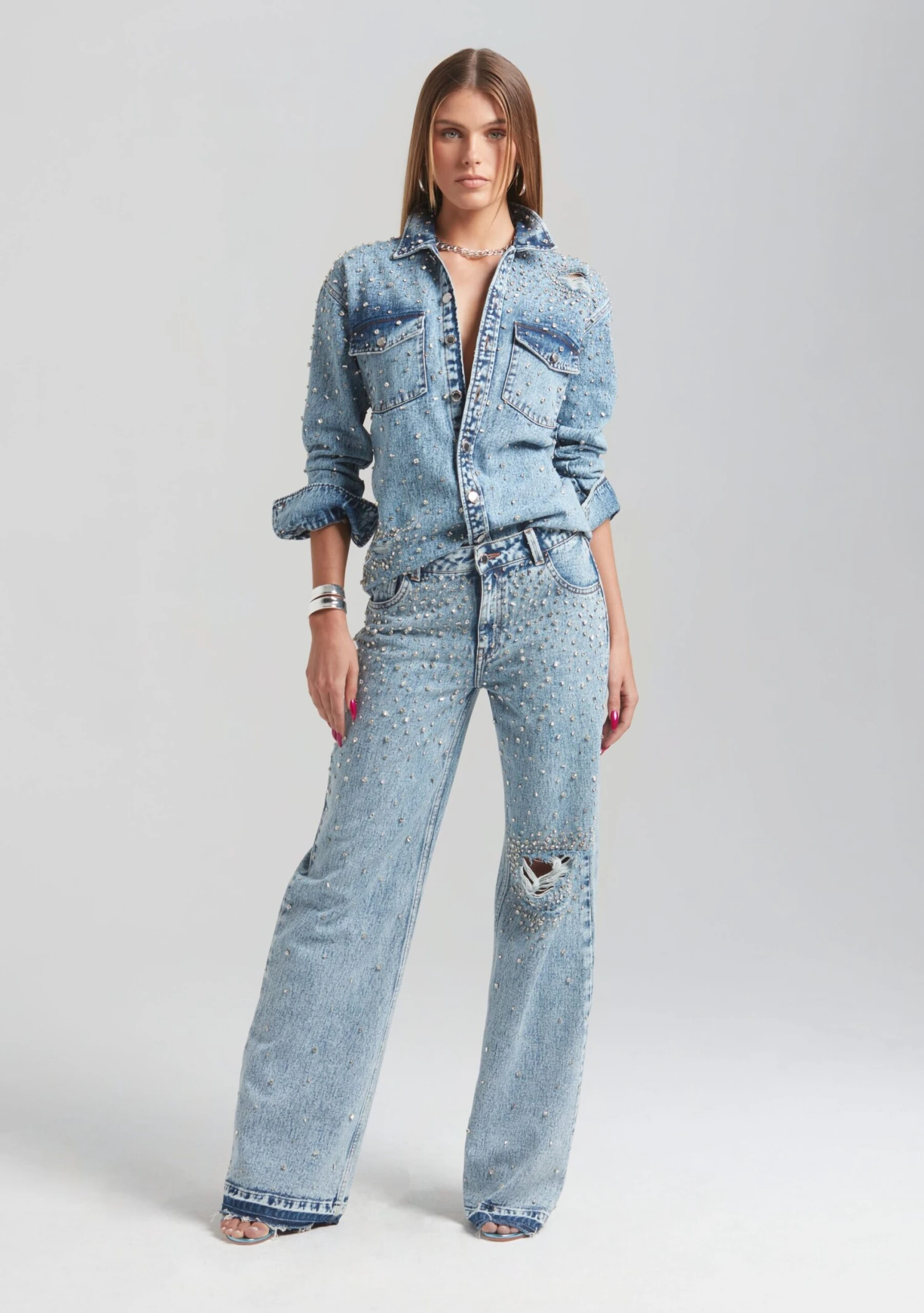 Doreen Crystal Embellished Denim Shirt - Image 2
