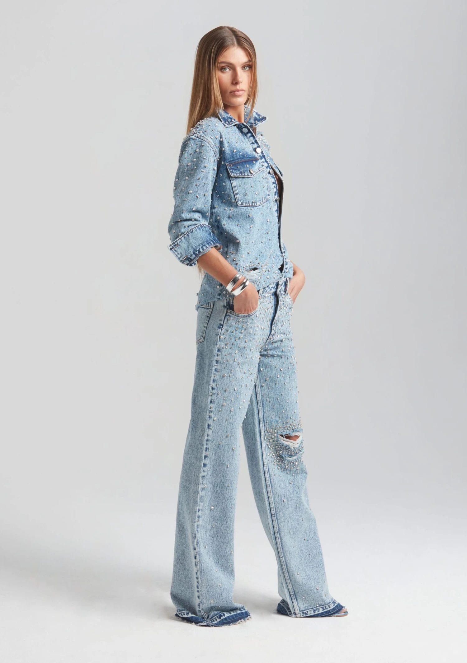 Doreen Crystal Embellished Denim Shirt - Image 3