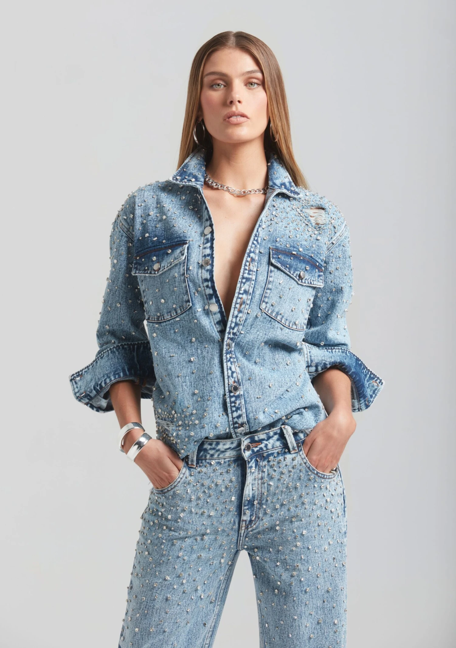 Doreen Crystal Embellished Denim Shirt